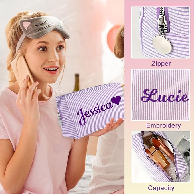 Personalized Seersucker Makeup Bag with Embroidered Name&Birth Flower,Custom Small Travel Cosmetic Bag Toiletry Bag Wedding Gifts for Bridesmaid Bride (3-Makeup Bag with Heart)