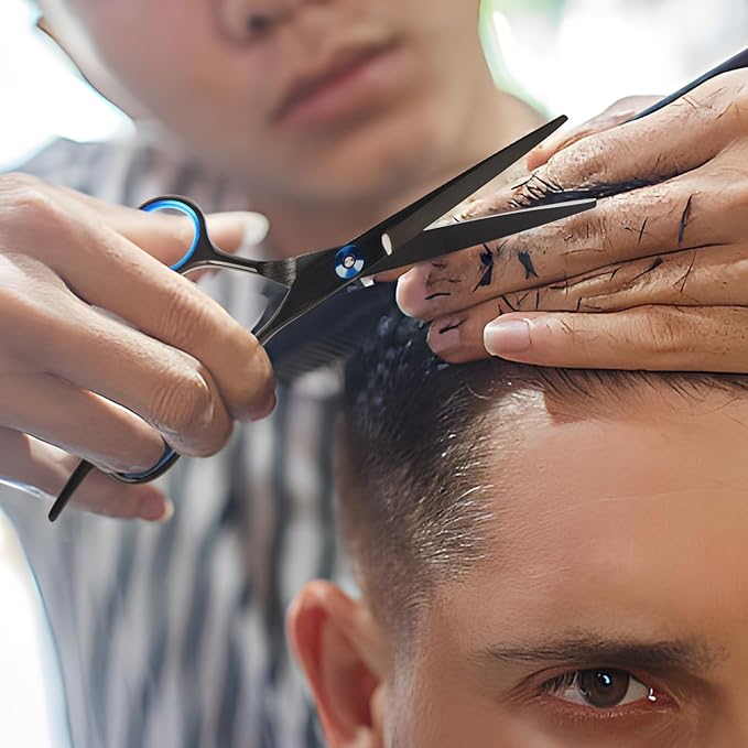 Hair Cutting Scissors,6.5 Inch Professional Stainless Steel Barber Haircut Shears Razor,Sharp Blades,One Comb Included, For Salon Home Men Women Adults Kids Pet (Black)