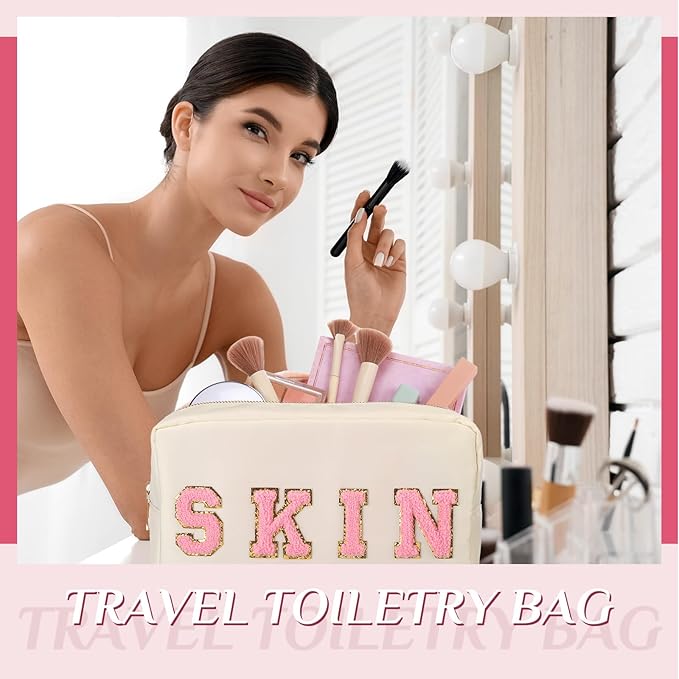 Remerry 4 PCS Nylon Cosmetic Bags Waterproof Spacious Travel Makeup Organizer for Women Chenille Letter Preppy Zipper Pouch Face Stuff Skin Hair Organizer Gift(Rose Red, Pink, Light Pink, White)