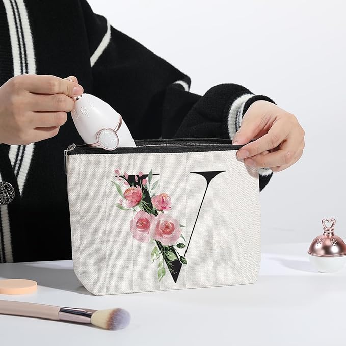Initial Makeup Bag, Personalized Gifts for Women, Bridesmaid Gifts, Birthday Gifts for Women Mom, Gifts for Best Friend, Bride Bridesmaid Cosmetic bag (Letter V)