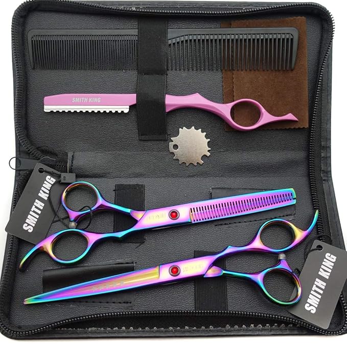 7.0 Inches Professional hair cutting thinning scissors set with razor (Rainbow)