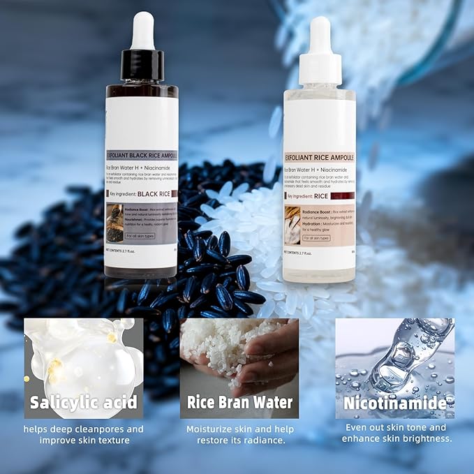 2 PCS Peel Shot Glow Rice Ampoule Duo,Black and White Rice Peeling Ampoule Rice Exfoliating Face and Body Black and White Rice Exfoliant for All Skin Types
