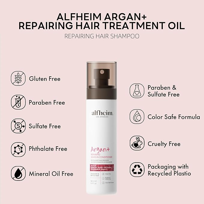 ALFHEIM Argan+ Repairing Leave-in Conditioner Spray for Dry, Damaged & Frizzy Hair with Argan Oil, Keratin, Oat Protein – Instant Detangling, Shine & Frizz Control – Color Safe, Sulfate Free – 5.4 oz