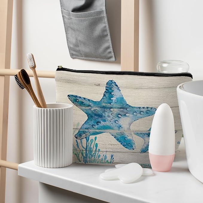 Ocean Starfish Beach Makeup Bag, Marine Life Sea Animals Cosmetic Bags for Women, Ocean Themed Gifts