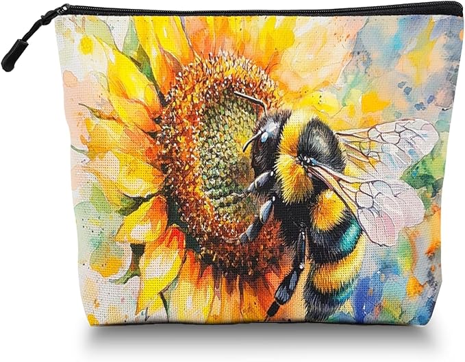 Cosmetic Bags Travel Makeup Toilet Case Waterproof Pouch for Women Girls 6.7X9.45inches - Bee on A Sunflower in Watercolor Painting