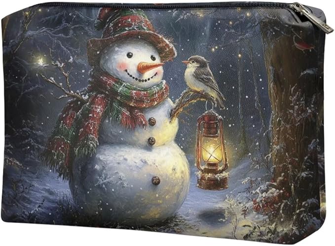 COEQINE Merry Christmas Cosmetic Bag for Women Leather Snowman Birds Travel Makeup Bag For Women,Waterproof Portable Pouch Large Capacity Toiletry Bag Wallet Cell Phone Case for Travel