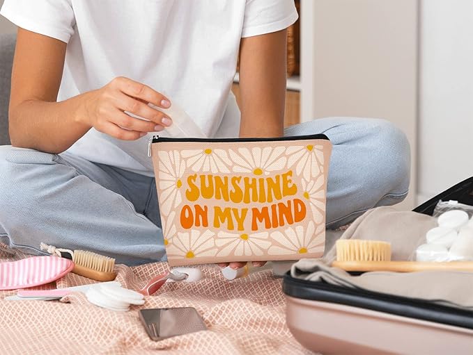 Sunshine on My Mind Pink White Orange Daisy Inspirational Cosmetic Bag Makeup Bag Gift for Teen Girls,Birthday Christmas Gifts for Women Friends Mom Wife Grandma Daughter Teacher Coworker