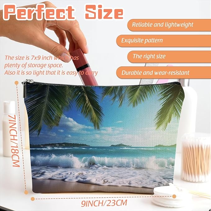 Makeup Bag Travel Cosmetic Bags Small Makeup Case Waterproof Zipper Pouch for Women Girls 7X9inches - Tropical Beach Scenery with Palm Trees