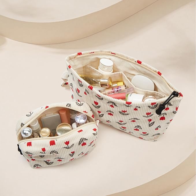 Makeup bag set small Cosmetic bag for women purse Corduroy Organizer with interior Pockets,cute Pencil zipper Pouch travel Toiletry Bag with handle(Tulip Red)
