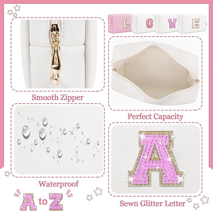 Personalized Initial Letter Makeup Bag, Preppy Glitter Letter Patch Cosmetic Pouch Zipper,PU Waterproof Travel Toiletry Bag Cute Makeup Organizer Monogrammed Make Up Bag,Gift for Women Girls(Letter A)