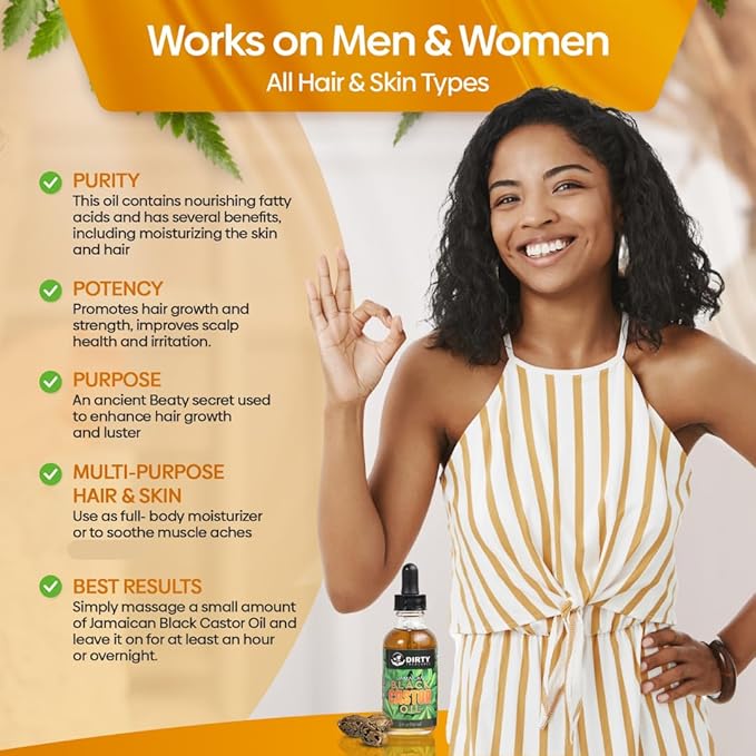 Dirty Treasures Organic Jamaican Black Castor Oil, Hexane Free, Premium Pure Black Castor Oil for Hair Growth and Skin Conditioning - 2oz