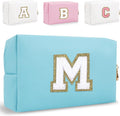 Small Personalized Letter Makeup Bag, Cute PU Leather Chenille Letters Cosmetic Bag Travel Makeup Pouch, Preppy Travel Organizer Zipper Pouch for Women&Girls（Blue-M）