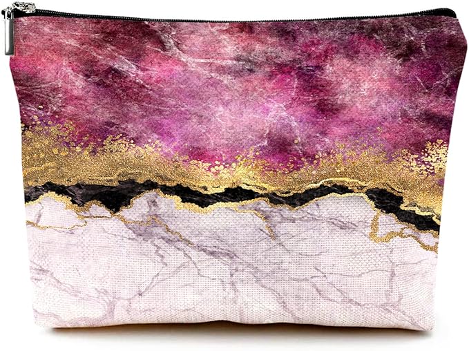 Cute Makeup Bag for Purse Canvas Waterproof Funny Cosmetic Bags for Women Zipper Travel Toiletry Pouch-Wine Marble Makeup Bags