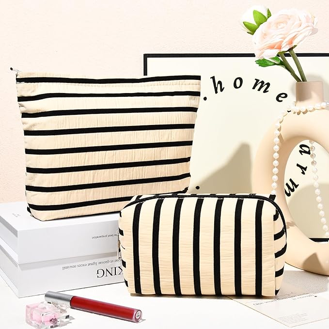 SOIDRAM 2 Pieces Makeup Bag Large Stripe Cosmetic Bag Capacity Canvas Mix Travel Toiletry Bag Organizer Cute Makeup Brushes Aesthetic Accessories Storage Bag for Women, Stripe Mix White
