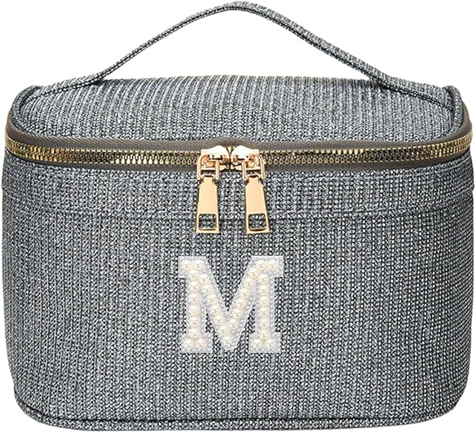 EURYNOME Makeup Bag with Custom Letter M, Water-Resistant Travel Organizer Pouch, (8.3x5.1x5.1 Inch) Cosmetic Case for Women