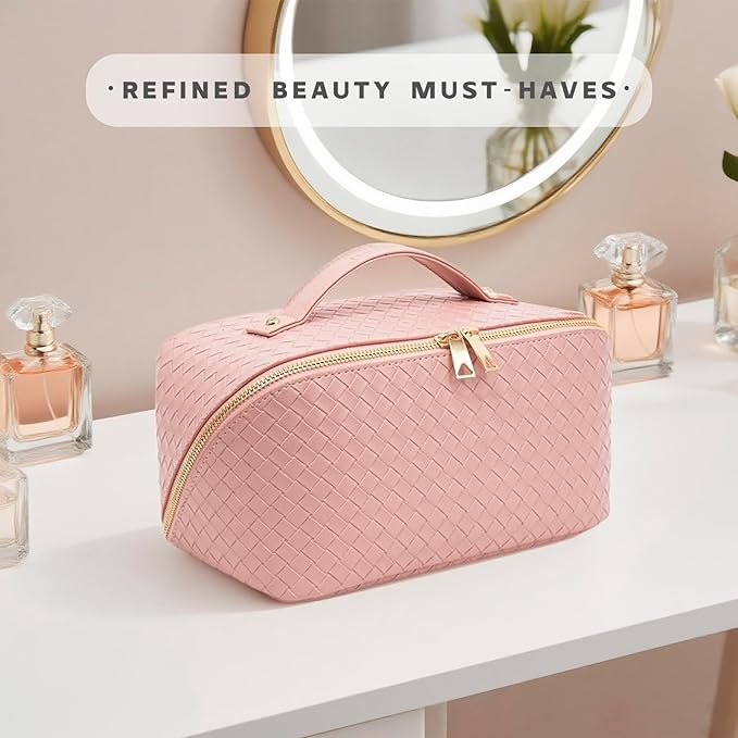 Travel Makeup Bag – Large Cosmetic Organizer with Waterproof PU Leather, Smooth Double Zipper & Tear-Resistant Lining, Toiletry Pouch for Women (Pink)