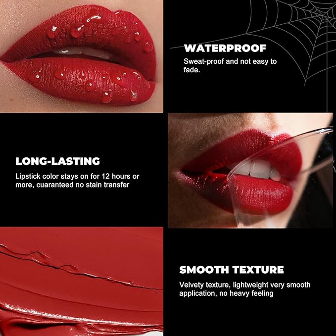 Halloween Black White Red Lipstick Set Waterproof Matte Black Lipsticks for Women Lip Face Body Makeup for Goth Cosplay Vampire Zombie, Black/White/Red