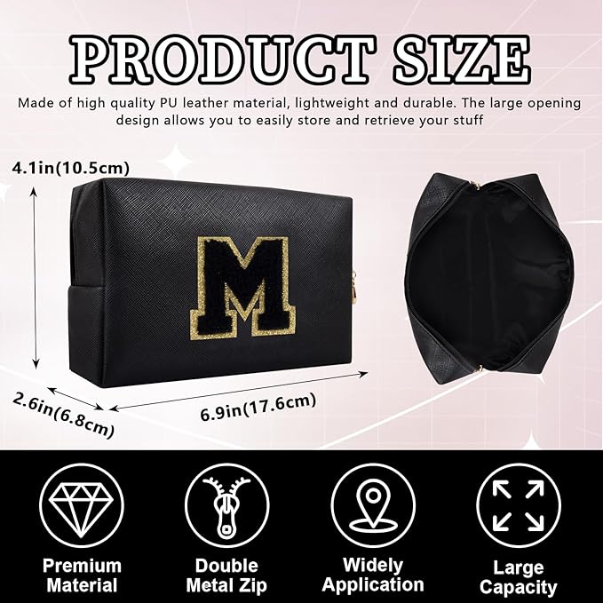 Personalized Initial Letter Patch Makeup Bag, Preppy Portable Chenille Cosmetic Bag with Zipper, PU Leather Waterproof Travel Toiletry Bag Monogram Make Up Pouch for Women Girls
