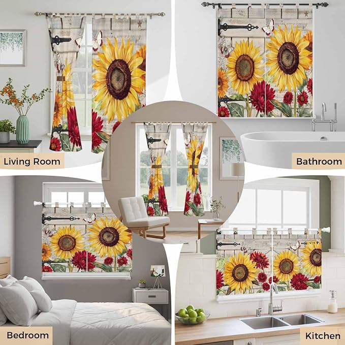 Red Yellow Sunflowers Kitchen Curtains 45 Inch Length, Short Cafe Window - Image 7