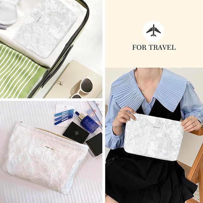 STARDW Aesthetic Floral Makeup Bag Cute Small Cosmetic Bags for Women Girls, Travel Toiletry Bag Large Capacity Zipper Makeup Pouch, Purse Organizer Pouches (Embossed white)