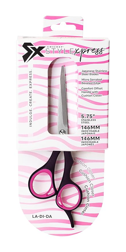 Cricket Style Xpress La-Di-Da Hair Cutting Scissors - Sharp Micro-Serrated Beveled Blades, Stainless Steel Shears Hair Scissors - Wet & Dry Use, Barber Accessories - 5.75", Pink and Black