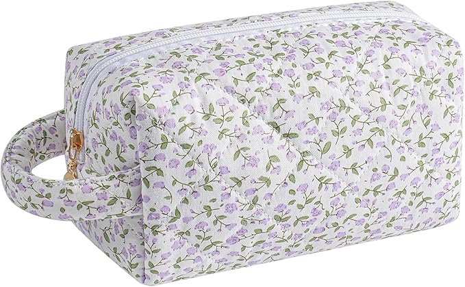 Makeup Bag Travel Cosmetic Bag for Women, Zipper Make Up Pouch, Floral Flowers Toiletry Organizer Makeup with Handle, Cosmetic Travel Cloth Bag (Purple Floral)