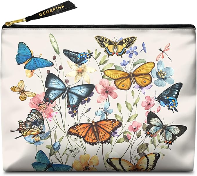 Cute Makeup Bag for Purse Waterproof Cosmetic Bags for Women Funny Smooth Zipper Travel Toiletry Pouch 10X8 Inches-Butterfly Wildflower Makeup pouch