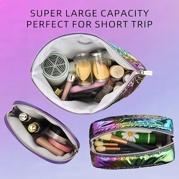 Hiroyuki Iridescent Quilted Makeup Bag, 3pcs Cute Makeup Bag Set, Large Capacity Cosmetic Organizer Travel Toiletry Pouch (plain, rainbow)