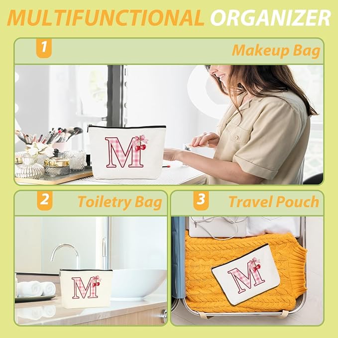 Initial Makeup Bag Monogram Cosmetic Bag Monogrammed Gifts for Women Girls Friends Coworker Employee Personalized Travel Toiletry Bag Christmas Bridal Shower Wedding Bridesmaid Gifts, Cherry M