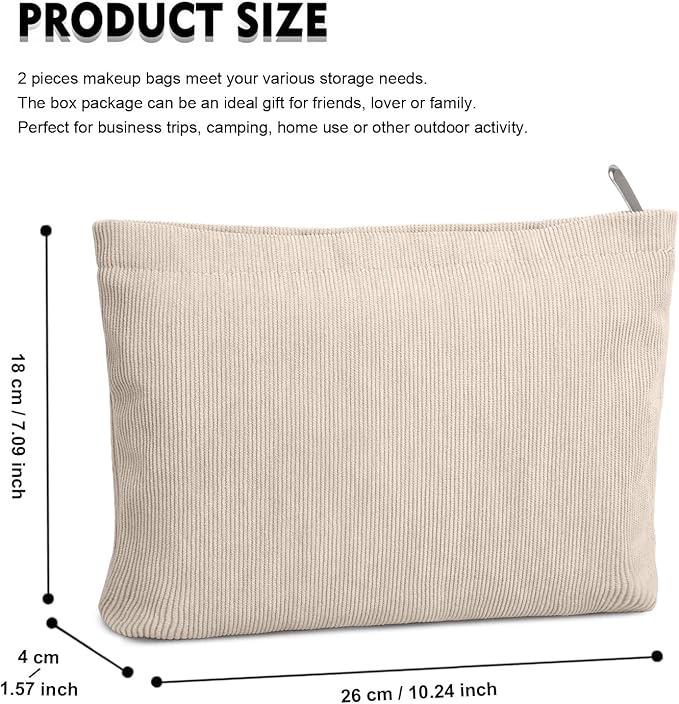 FITDON 2PCS Cosmetic Bags for Women Makeup Bag for Purse Small Corduroy Makeup Pouch Travel Make Up Bag with Zipper Toiletry Bag Organizer