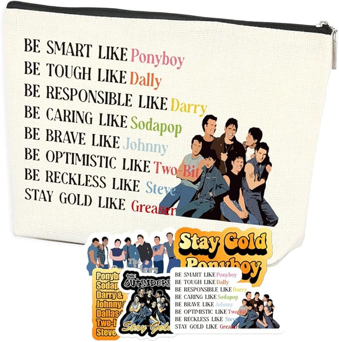 Azteoiz Fun Cosmetic Bag and 5 Stickers Keep Gold Pony-boy Gifts 80's Movie Out-siders Accessories Inspiration Birthday Christmas Gifts for Her Female Movie Lovers Be Smart Like Pony-boy Cosmetic Bag