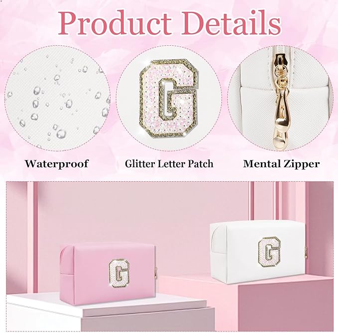 Small Personalized Glitter Initial Letter Makeup Bag, Cute PU Leather Chenille Letters Cosmetic Bag Travel Makeup Pouch, Preppy Travel Organizer Zipper Pouch for Women&Girls（White-G）
