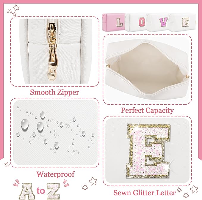 Personalized Initial Makeup Bag - Preppy Glitter Letter Patch Cosmetic Pouch With Zipper, PU Waterproof Travel Toiletry Organizer, Monogrammed Gift for Women Girls (Letter E)