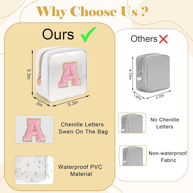 Personalized Initial Letter Clear Preppy Makeup Bag,Mini Nylon Chenille Letter Cosmetic Bag Cute Zipper Pouch Purse for Teen Girls,Portable TSA Approved Beach Travel Essentials Bag Gift for Women,K