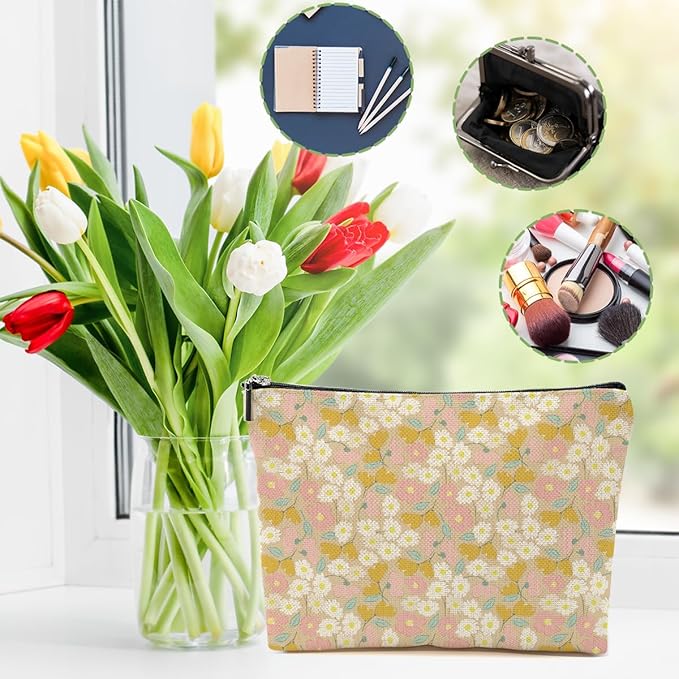 4 Packs Vintage Daisy Flowers Makeup Bag Floral Cosmetic Bag Friend Friendship Gifts for Women Girls Sister Coworker Botanical Travel Organizer Zipper Pouch Christmas Thanksgiving Birthday Gifts