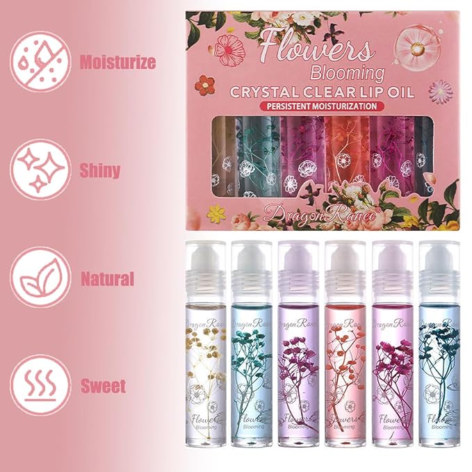 Girls Roll On Lip Gloss Set with Case, 6 Pcs Glossy Lip Make up for Kids and Teens Fruity Flavors, Kid Friendly, Party Gift, Best Friends (Pink-6)