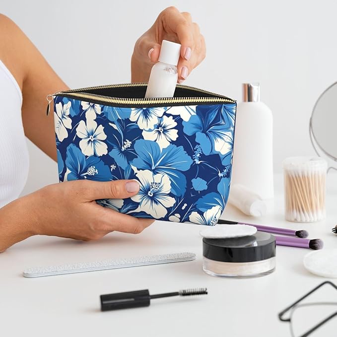 Womens Leather Makeup Bag Cosmetic Bag Travel Toiletry Bags Make Up Bags for Women Adult (Blue Hibiscus 3)