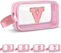 Initial Makeup Bag,Letter V Cute Clear Monogrammed Cosmetic Travel Bag for Womens Girls,Personalized Pink Aesthetic Traveling Make Up Organizer Bag for Beach,Waterproof Toiletry Bag