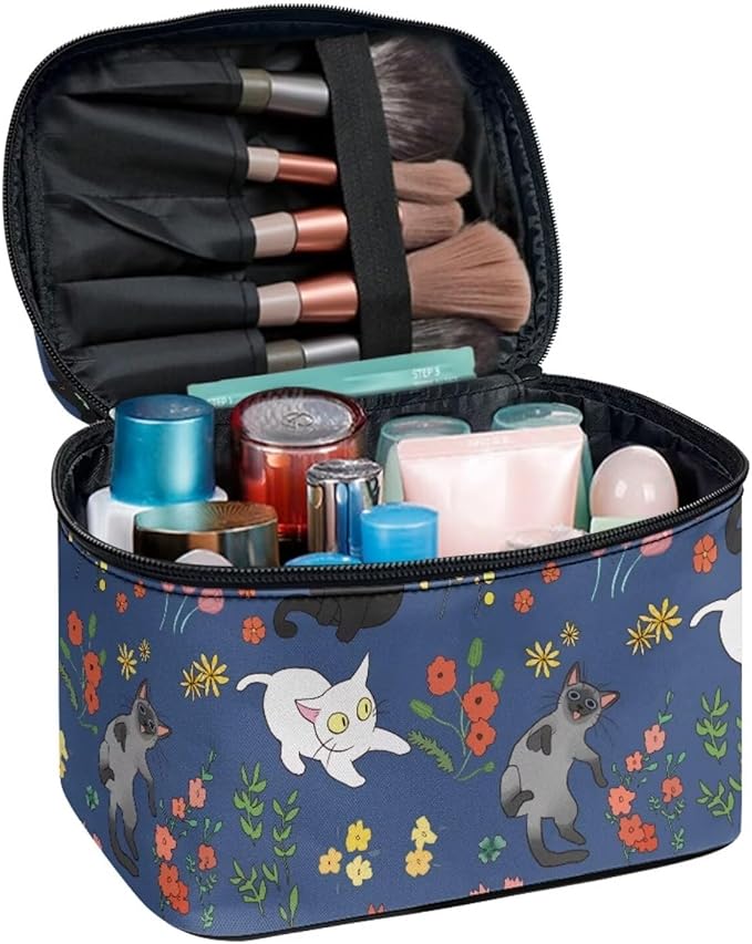 JoyLamoria Cat Floral Portable Cosmetic Bag Cute Makeup Case Zipper Closure