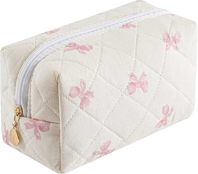 JOVAKIT Square Makeup Bag Cute Cosmetic Bag for Women, Floral Coquette Aesthetic Toiletry Bag, Zipper Make Up Pouch, Travel Make Up Organizer Bag (Pink Bow Tie)