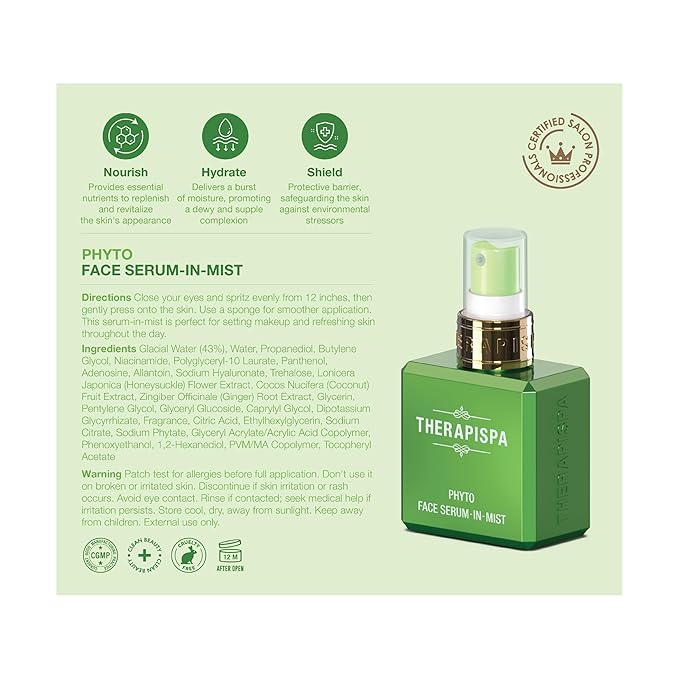 THERAPISPA Face Serum-In-Mist – Refreshing Face Mist & Spray Serum with Niacinamide, Panthenol & Hyaluronic Acid for Hydration, Balance & Skin Vitality (Phyto, 2.0 fl oz)