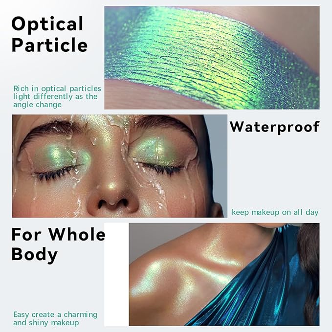 Duochrome Green Yellow Glitter Eyeshadow Stick, Color Shift Shimmer Chameleon Metallic Eye Shadow Brightener Pencil, Silky Smooth Iridescent Sparkle Inner Corner Eye Highlighter Fairy Makeup