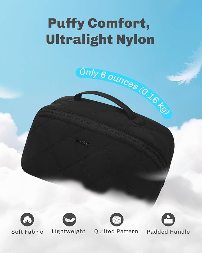 Hynes Eagle Travel Makeup Bag for Women Puffy Cosmetic Organizer Pouch Open Flat Toiletry Bag for Toiletries, Brushes Black