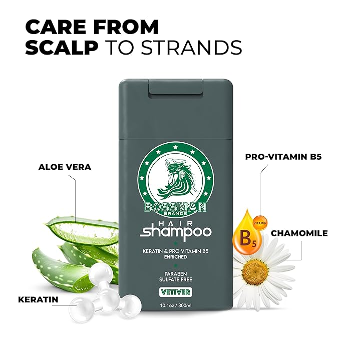 Bossman Hair Shampoo for Men – Natural Moisturizing Men's Shampoo with Keratin & Vitamin Pro5 Enriched - Paraben & Sulfate Free (Vetiver X Scent)