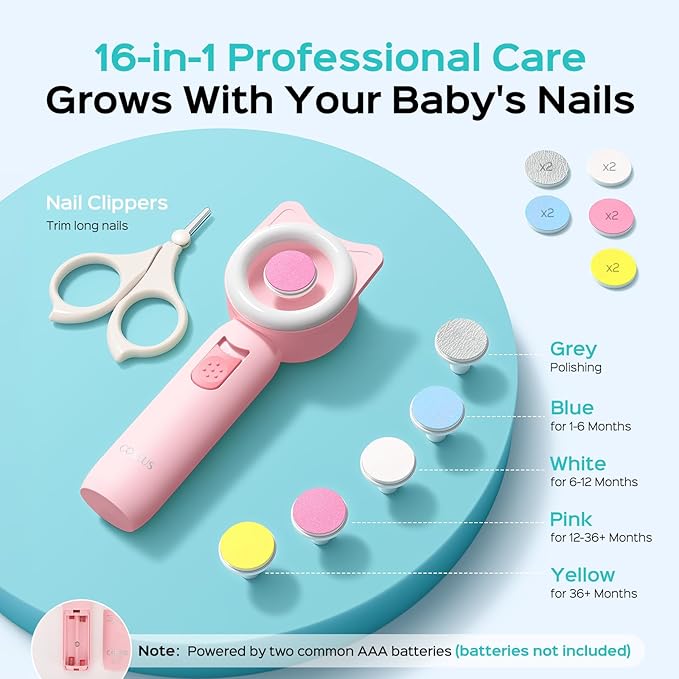 COSLUS Baby Nail Trimmer Electric: Gentle Baby Nail File with Quiet Design & 360° Light - Safe for Sleep Trim Grind, 16 in 1 Cute Nail Clipper Kit for Newborn Infant Toddler, C50, Pink