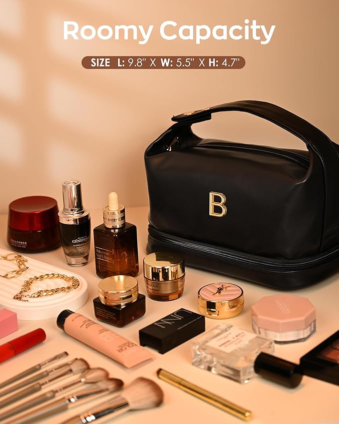 Birthday Gifts for Her Personalized Makeup Bag with Handle, Travel Gifts for Women-Cosmetic Bag with Makeup Brush Organizer, PU Leather Travel Toiletry Bag, Bachelorette Gifts for Bride