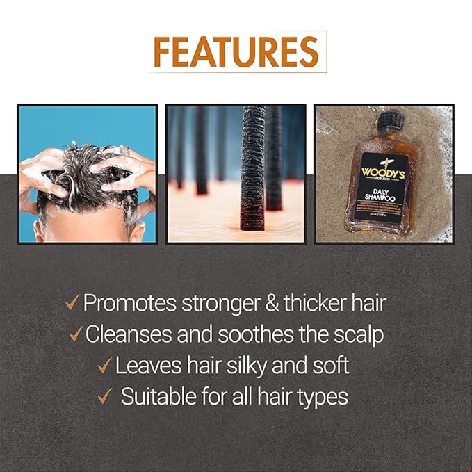 Woody's Men's Daily Shampoo - Nourishing Cleanser with Vitamin B5, Aloe Vera & Ginger, for All Hair Types, 12 Fl Oz