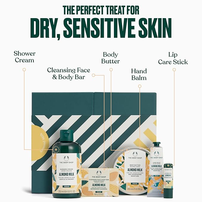 The Body Shop Almond Milk Gift Set - 5 Piece Set, Includes Shower Cream, Body Butter, Face & Body Bar, Hand Balm, Lip Care Stick, Vegan