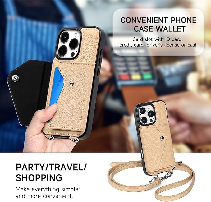 LUCKYCOIN Crossbody Wallet Phone Case for iPhone 16 Pro,100% Genuine Leather Wallet Phone Case with Expandable Flip Card Holder,Phone Purse for Women with Adjustable Removable Strap - Pebble Beige