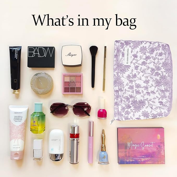 STARDW Aesthetic Floral Makeup Bag Cute Small Cosmetic Bags for Women Girls, Travel Toiletry Bag Large Capacity Zipper Makeup Pouch, Purse Organizer Pouches (Embroidery Purple)
